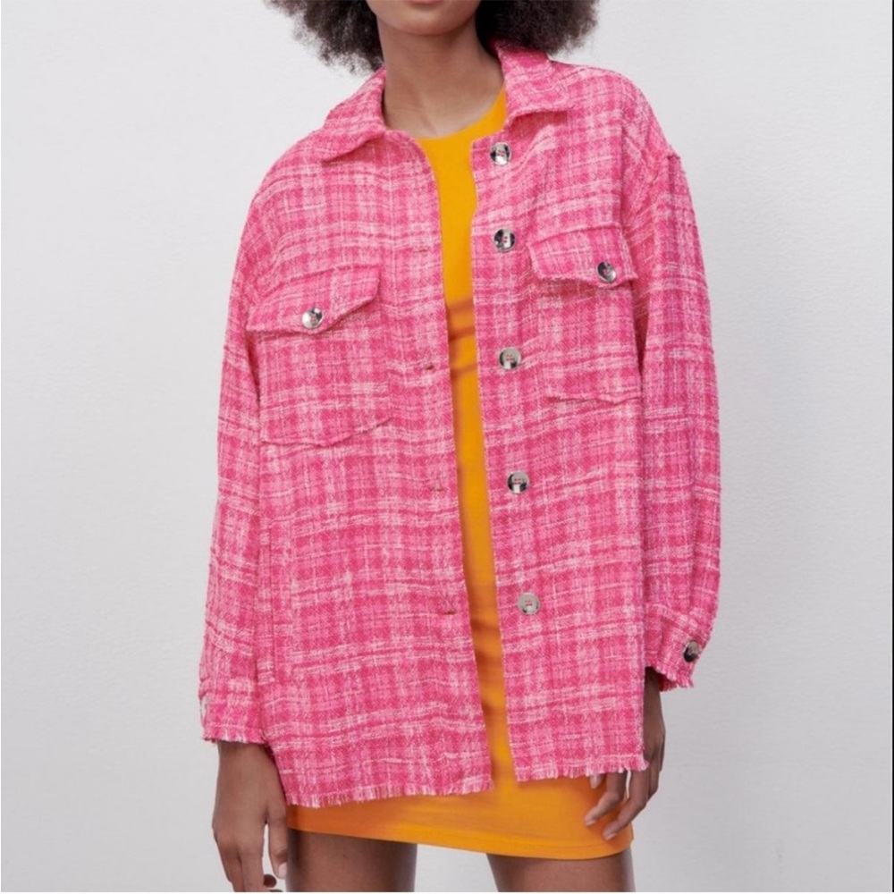 Zara Pink Tweed Plaid Oversized Shacket Fringe Hem